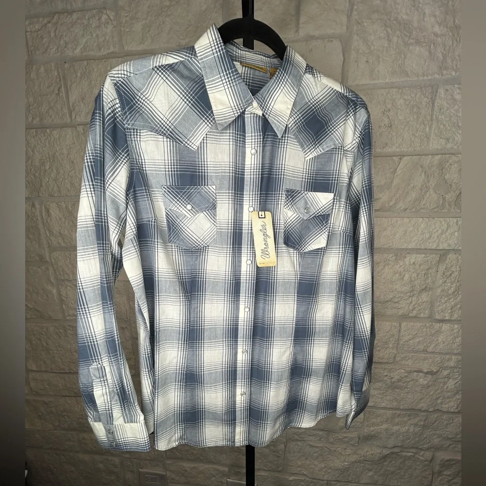 Wranglers Plaid Shirt Faux Pearl Snaps NWT Size Large Blue and Cream - Picture 4 of 6
